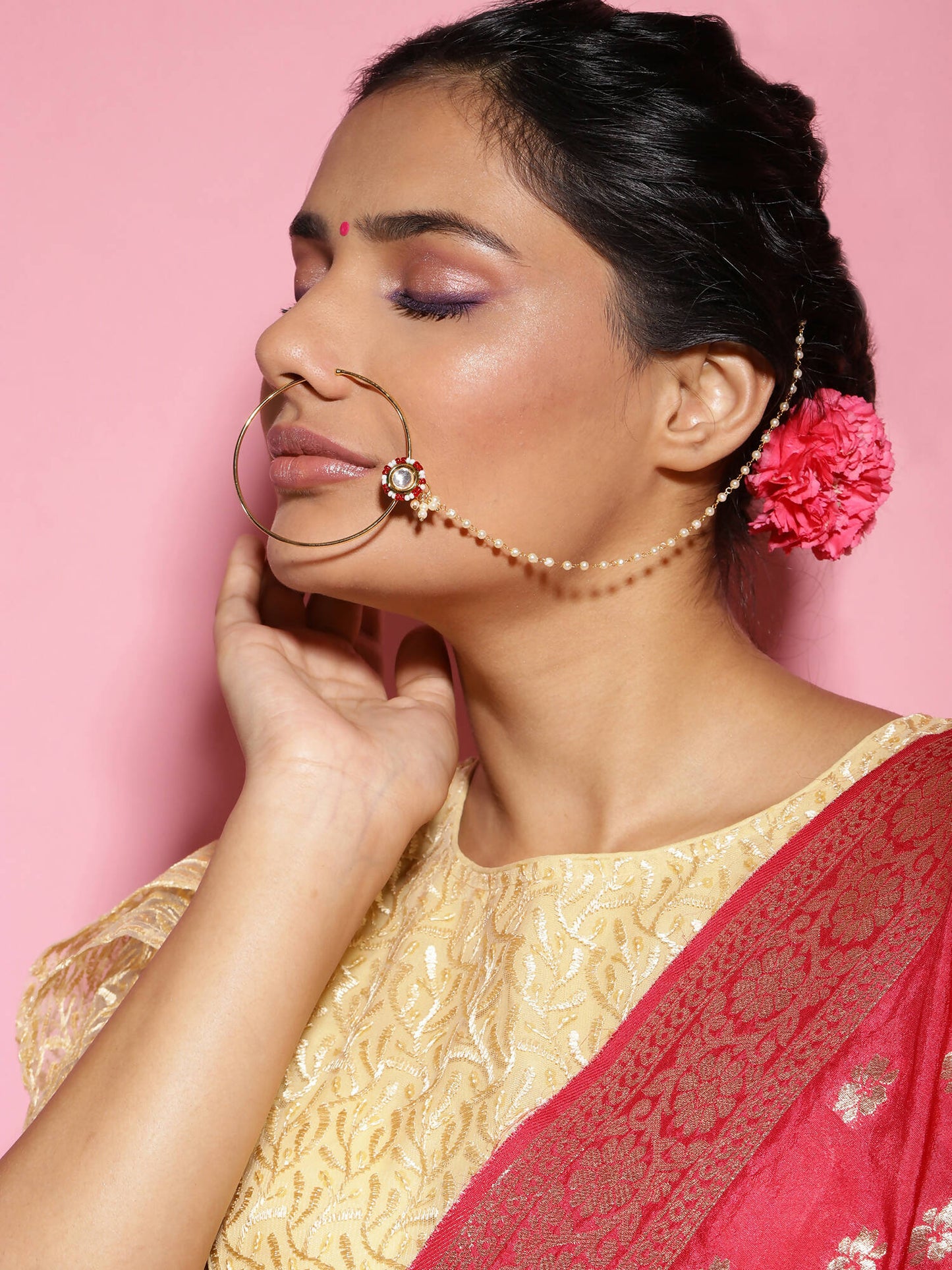Gold-Pleated Red White Kundan Studded Beaded Chained Nosepin - Ruby Raang | Swadesiicart