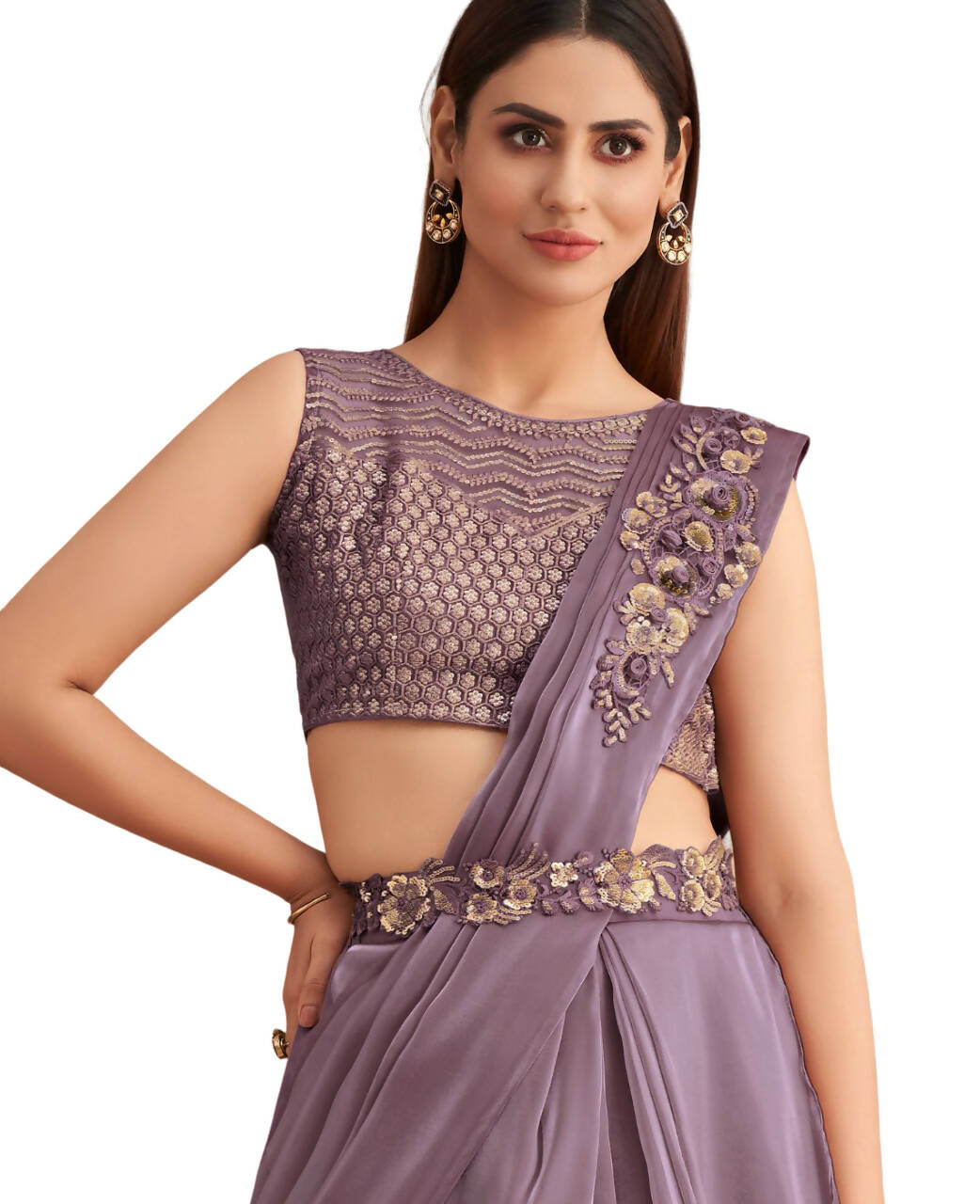 Purple Satin Embroidered Ready To Wear Saree With Unstitched Blouse Piece - Nandika | Swadesiicart