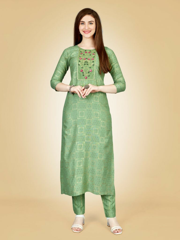 Jyoti Fashion Women's Sea Green Viscose Rayon Embroidered Kurta Pant Set | Swadesiicart