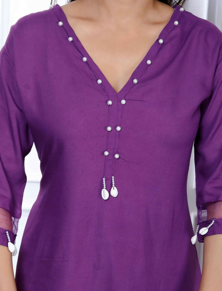 Miravan Women's Purple Solid Rayon Straight Co-Ord Set - Swadesiicart