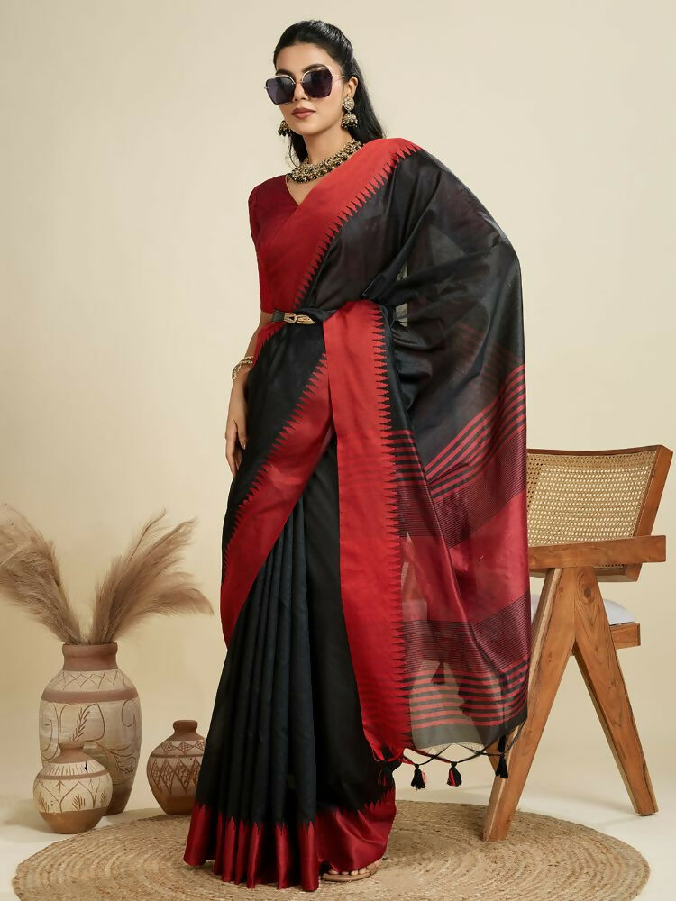 Vishnu Weaves Women's Black Raw Silk Thread Woven Saree with Blouse - Swadesiicart