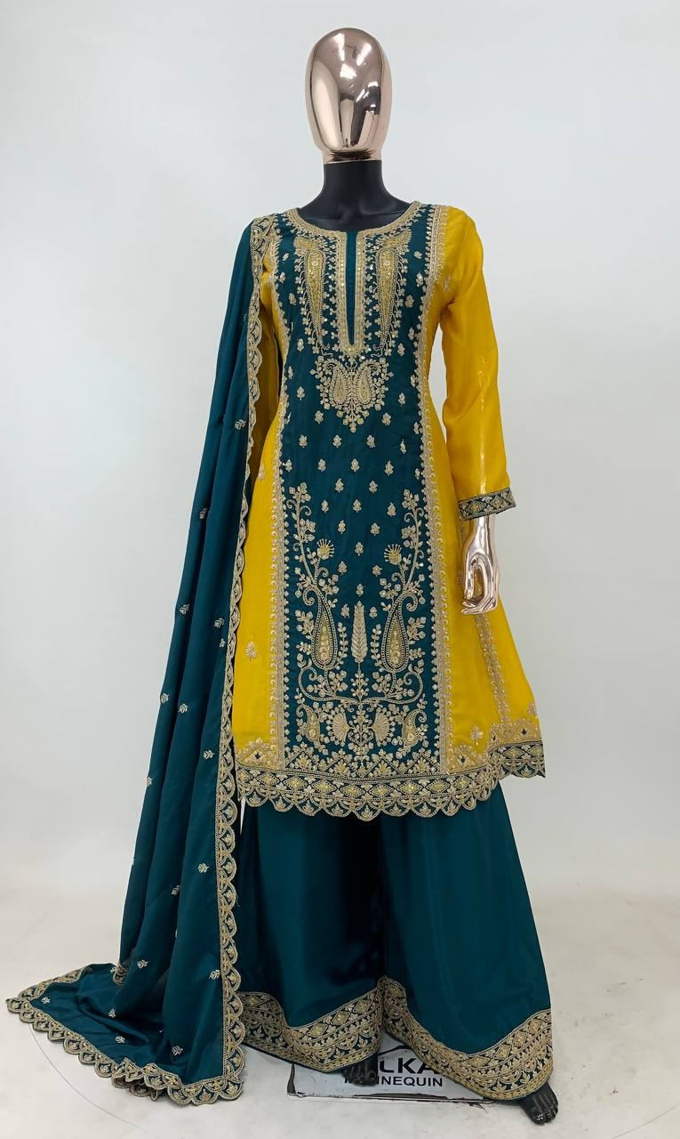 Lorenvalley Fashion Yellow and Rama Chinon Embroidery With Sequince Work Salwar Kameez Stitched | Swadesiicart