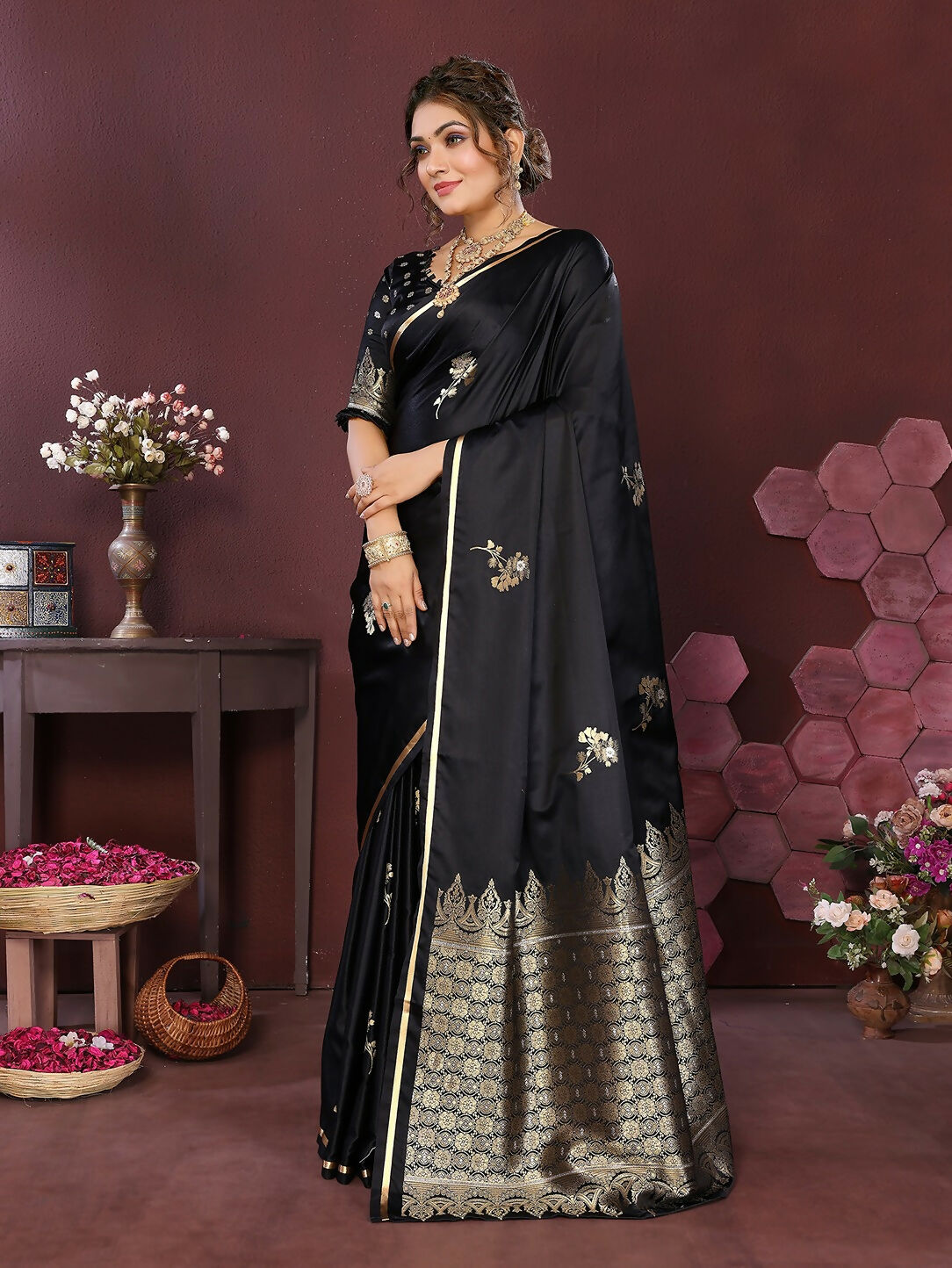 Joban Fashion Black Floral Banarasi Silk Sarees | Swadesiicart