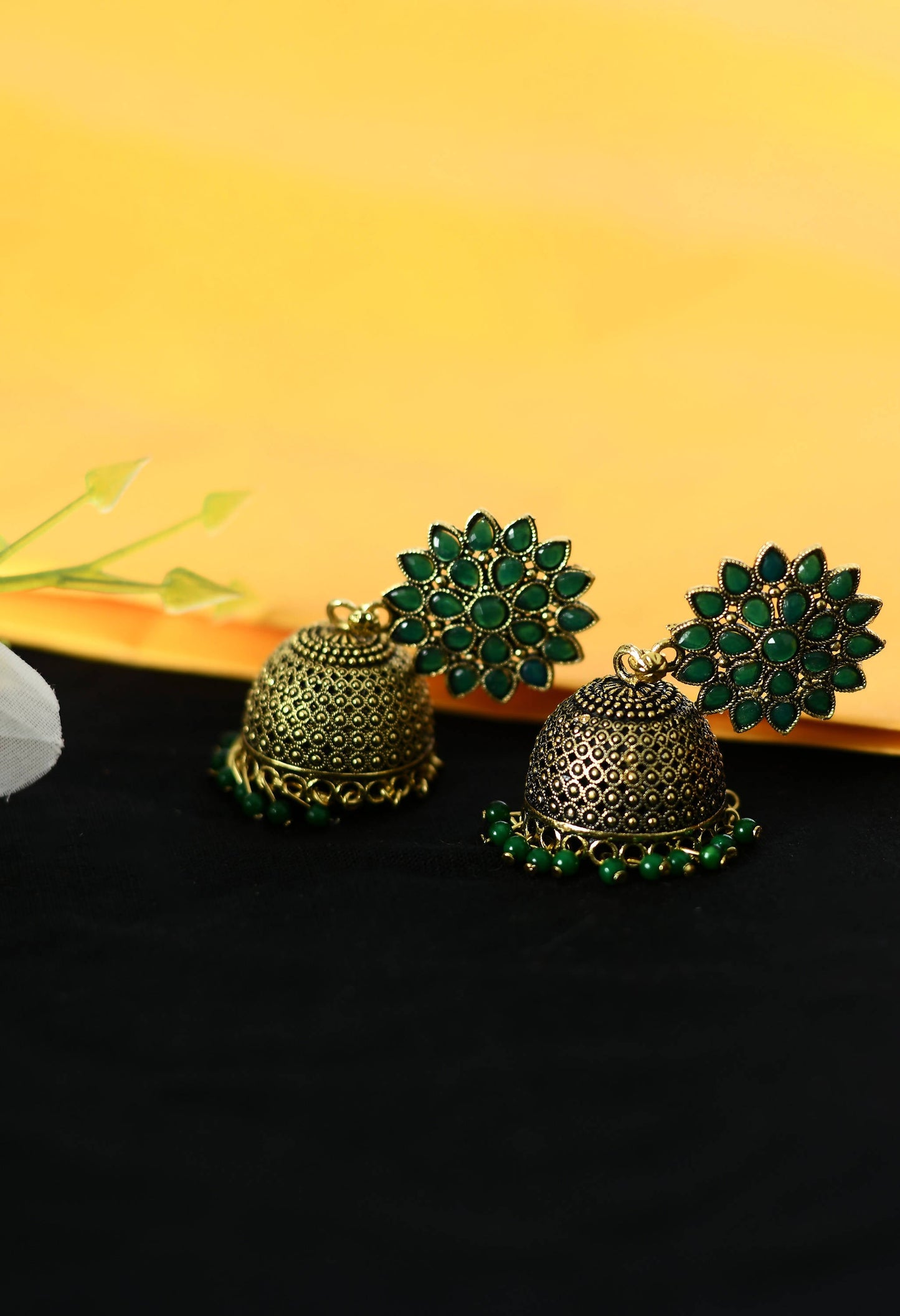 Mominos Fashion Johar Kamal Beautiful Kundan Work Jhumka With Green Beads - Swadesiicart