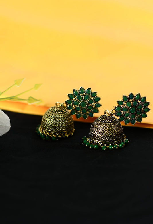 Mominos Fashion Johar Kamal Beautiful Kundan Work Jhumka With Green Beads - Swadesiicart