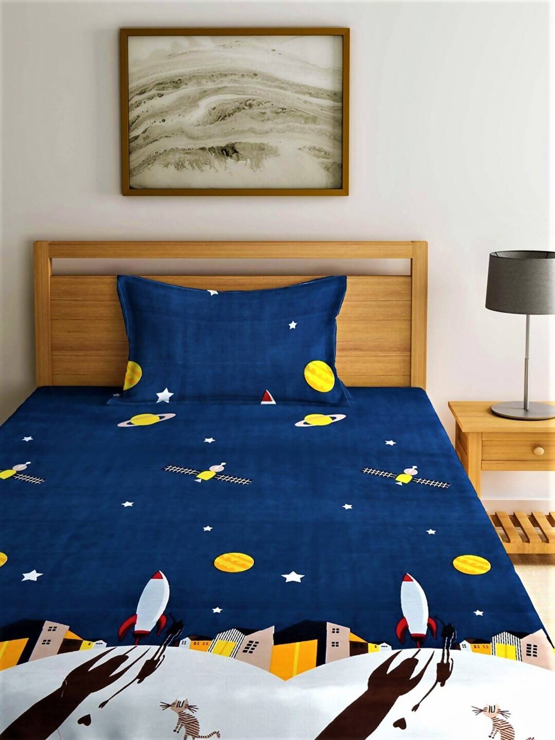 Home Sizzler Blue & Yellow Cartoon Characters 144 TC Bedsheet with Pillow Covers - Swadesiicart