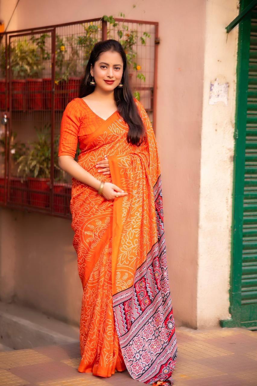 Orange Silk Blend Ajrak Saree with Unstitched Blouse - Hiral Fashion | Swadesiicart