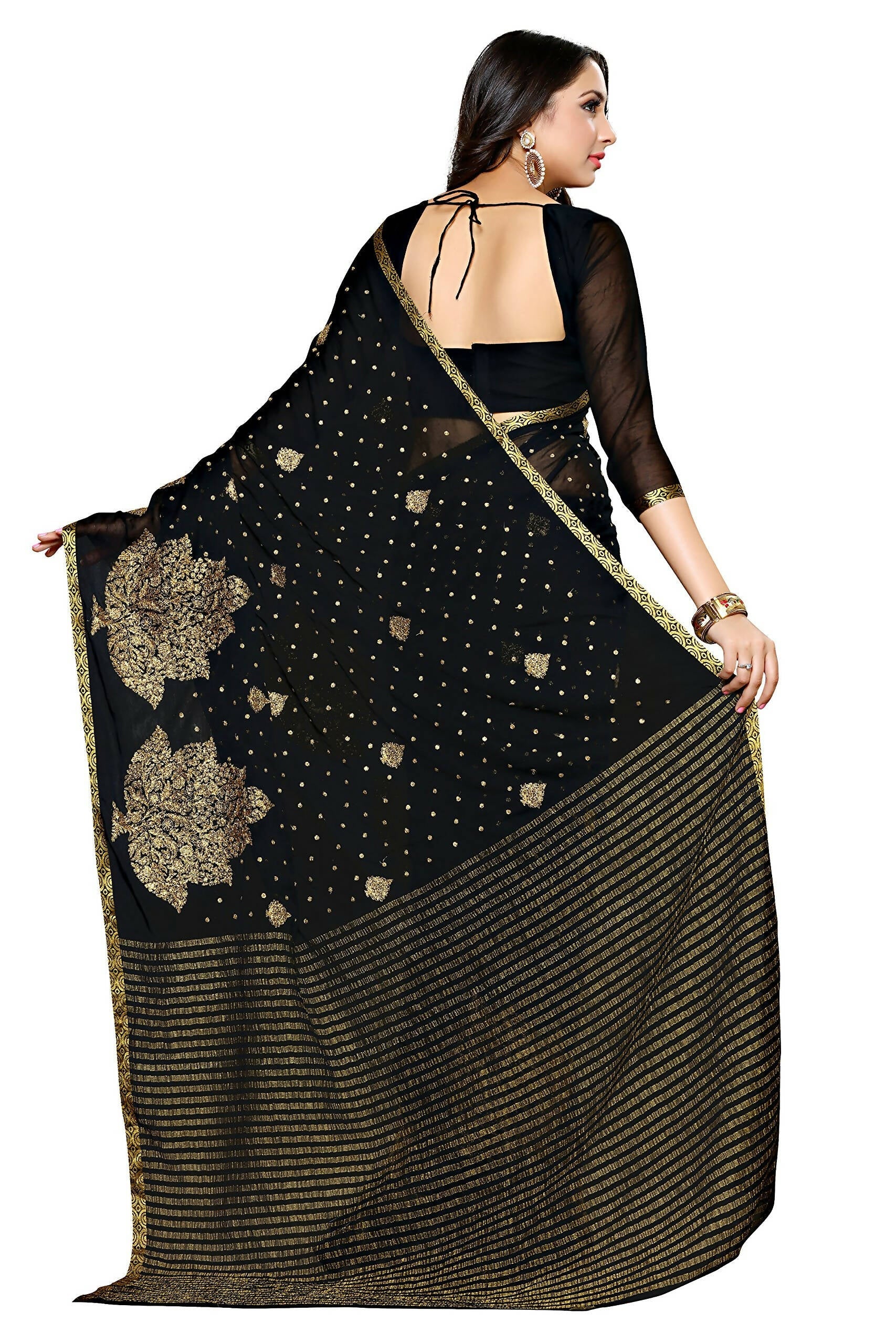 Mimosa Women's Banarasi Chiffon Black Saree | Swadesiicart