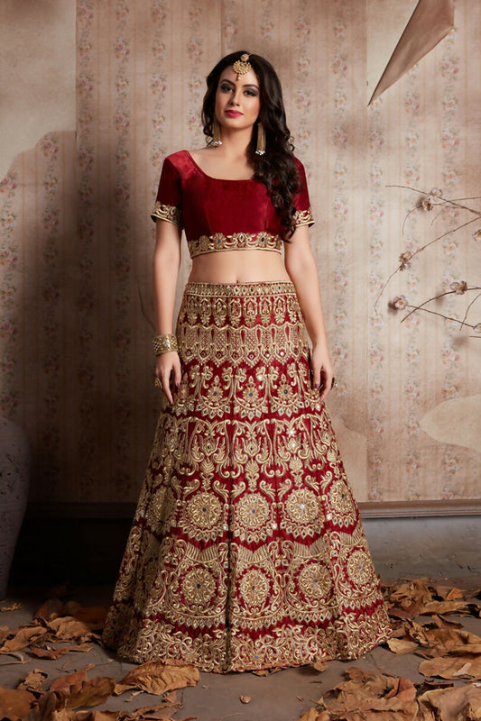 Jyoti Fashion Mesmerizing Red Sequins Embroidered Velvet Lehenga Choli with Dupatta | Swadesiicart