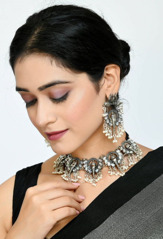 Mominos Fashion Johar Kamal Oxidised Silver-Plated Ganesha Design Necklace Choker Set for Women | Swadesiicart