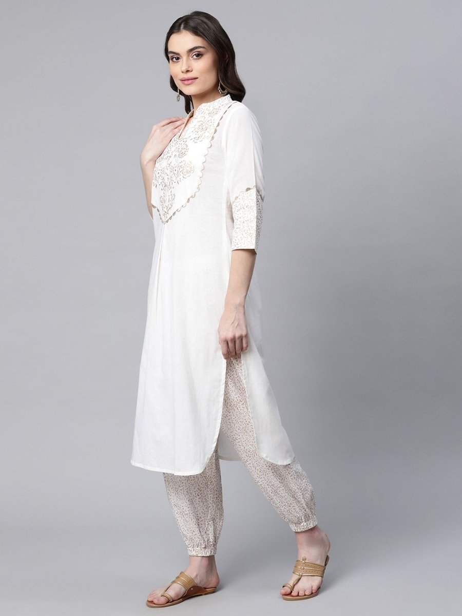 Ahalyaa Women Offwhite Pure Cotton Printed Kurta With Trousers | Swadesiicart
