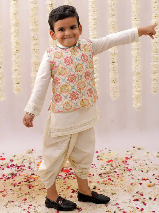 Lil Drama Mishti White Kurta Dhoti and Jacket For Boys | Swadesiicart
