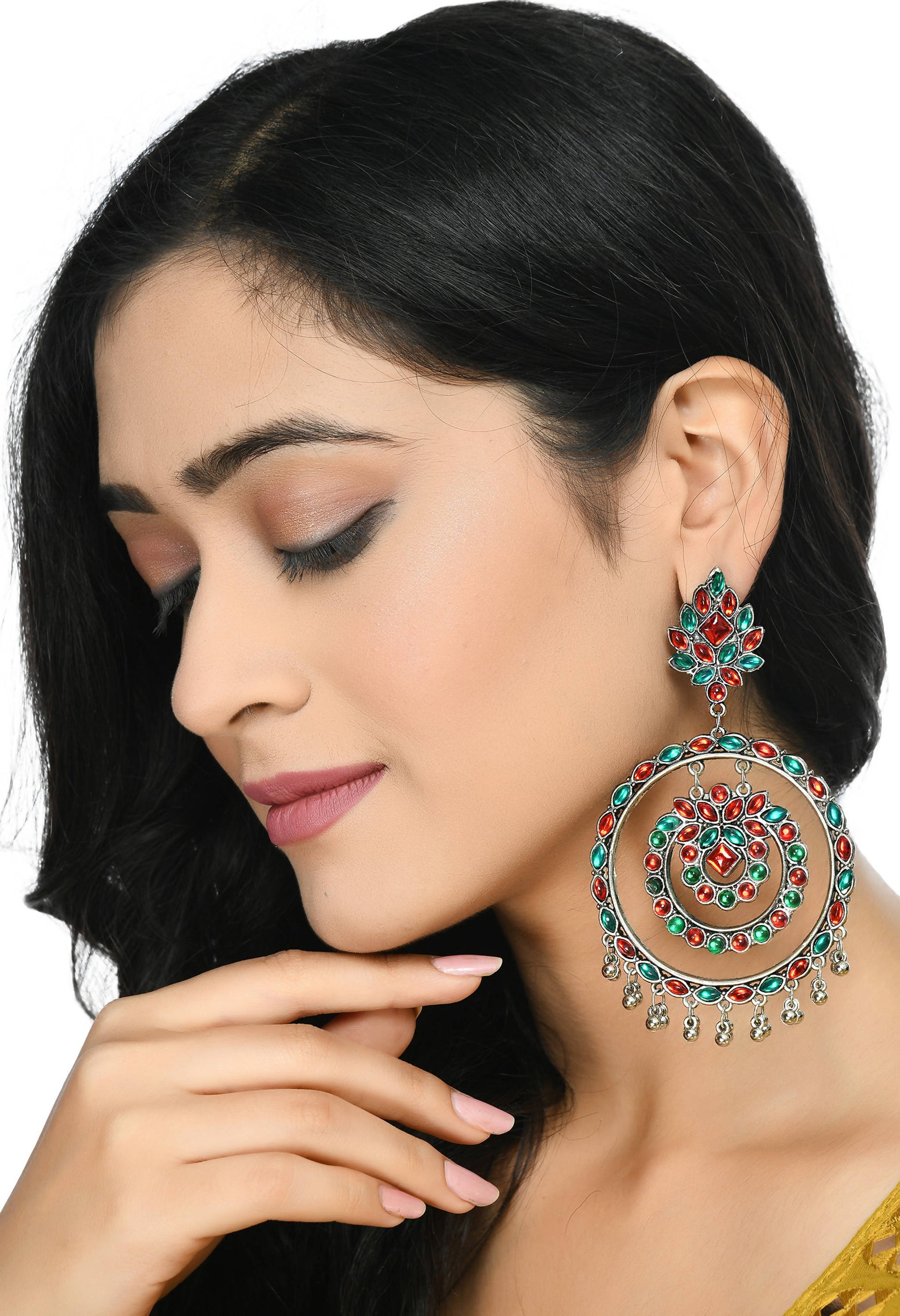 Mominos Fashion Johar Kamal Women's Red & Green Kundan Circles Earrings - Swadesiicart