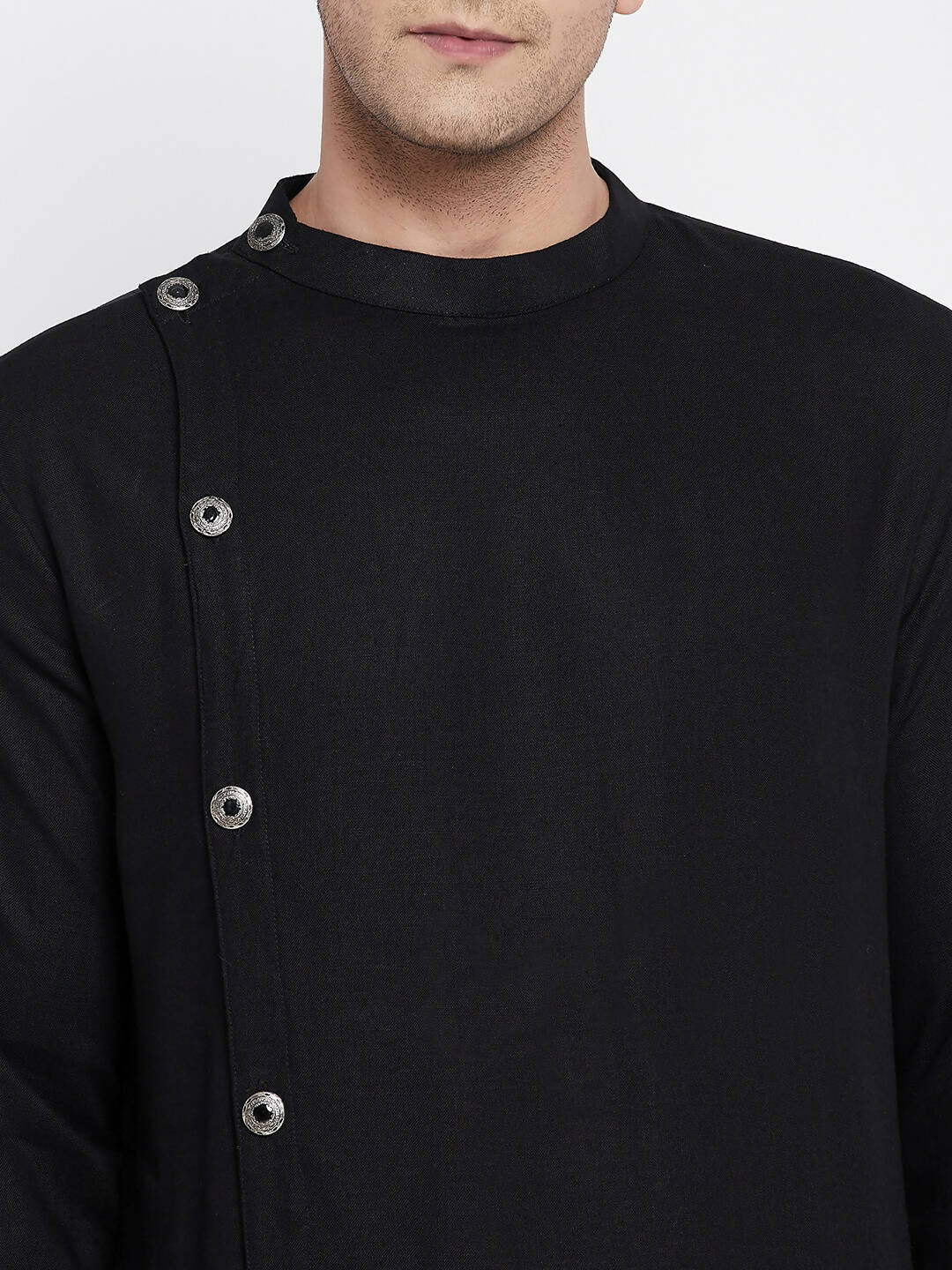 Even Apparels Black Pure Cotton Men's Sherwani Kurta With Asymetrical Cut | Swadesiicart