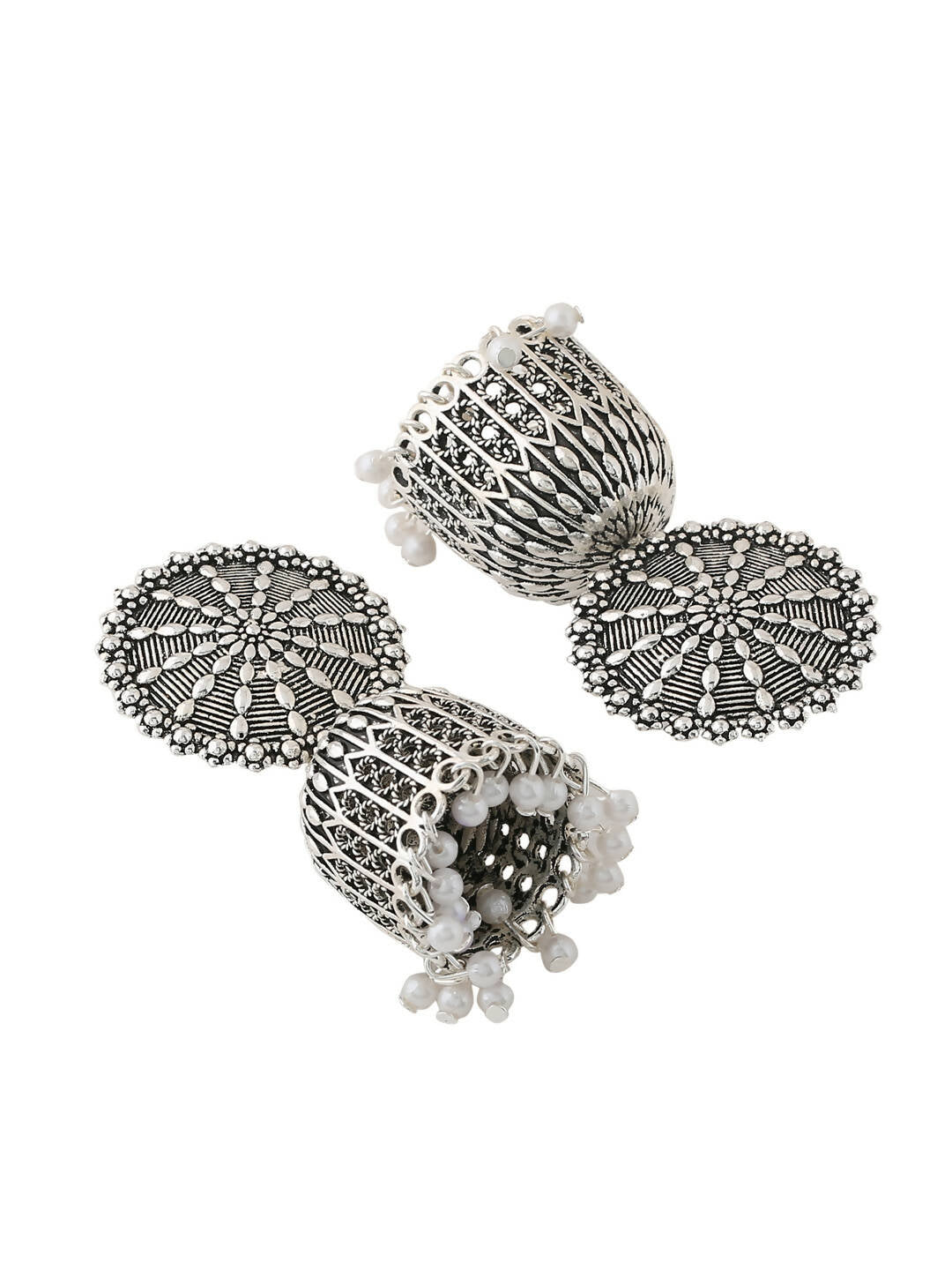 NVR Women Silver Toned Dome Shaped Jhumkas Earrings | Swadesiicart