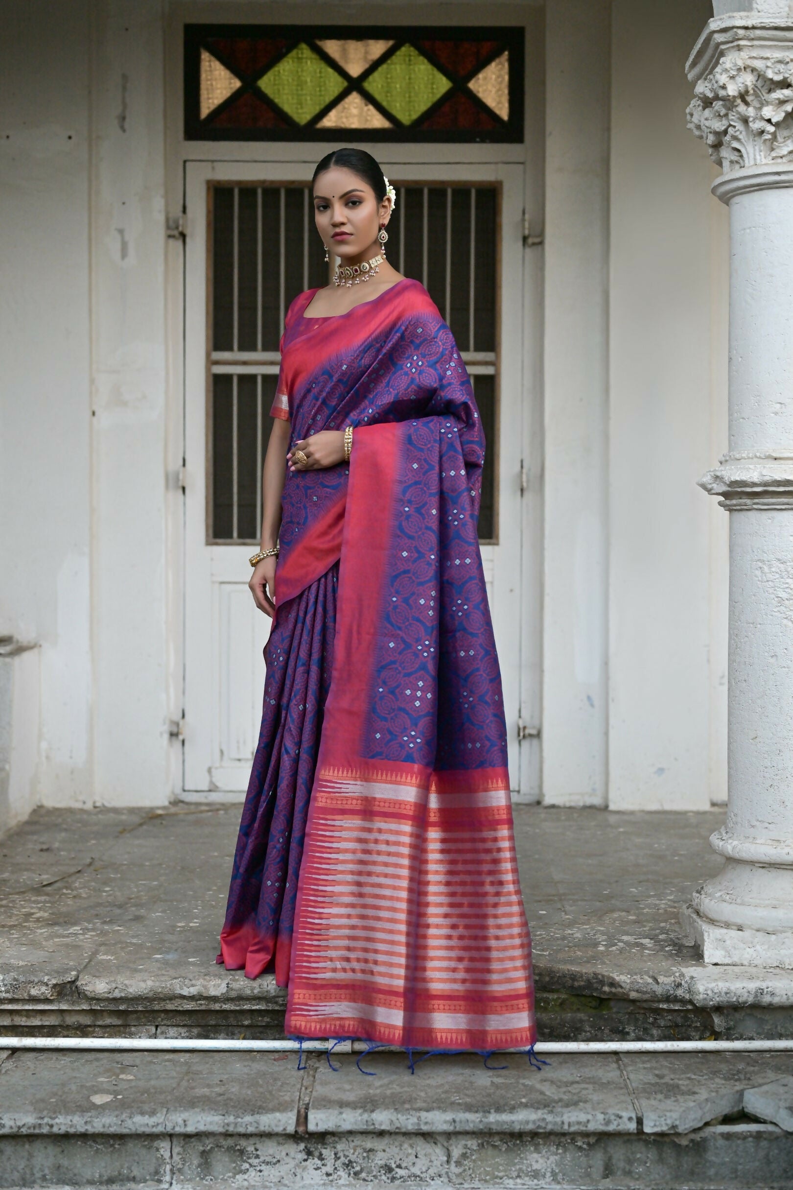 Vishnu Weaves Women's Blue Raw Silk Saree with Blouse - Swadesiicart