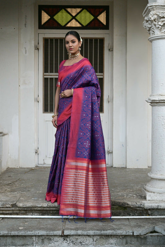 Vishnu Weaves Women's Blue Raw Silk Saree with Blouse - Swadesiicart