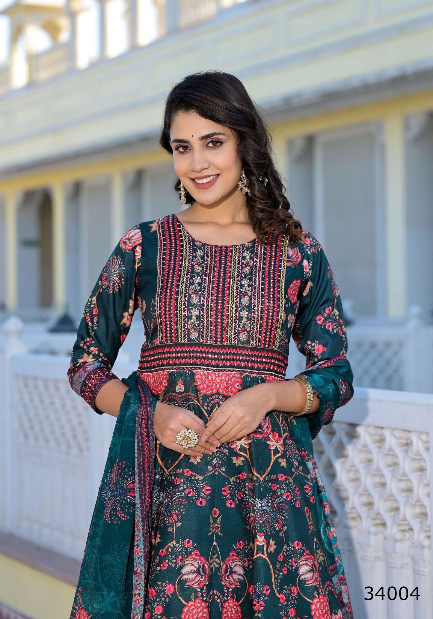 Partywear Designer Green Dola Silk Anarkali suit with Dupatta - Suzen - Swadesiicart