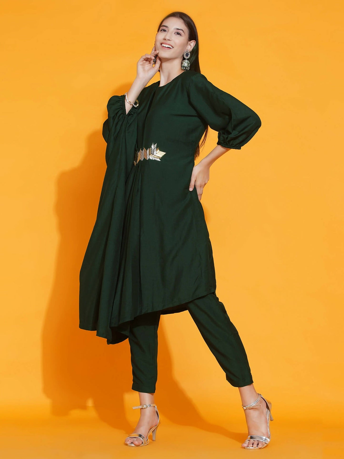 Women Republic Green Fusion Style Kurta With Hand Embellishment And Pants | Swadesiicart