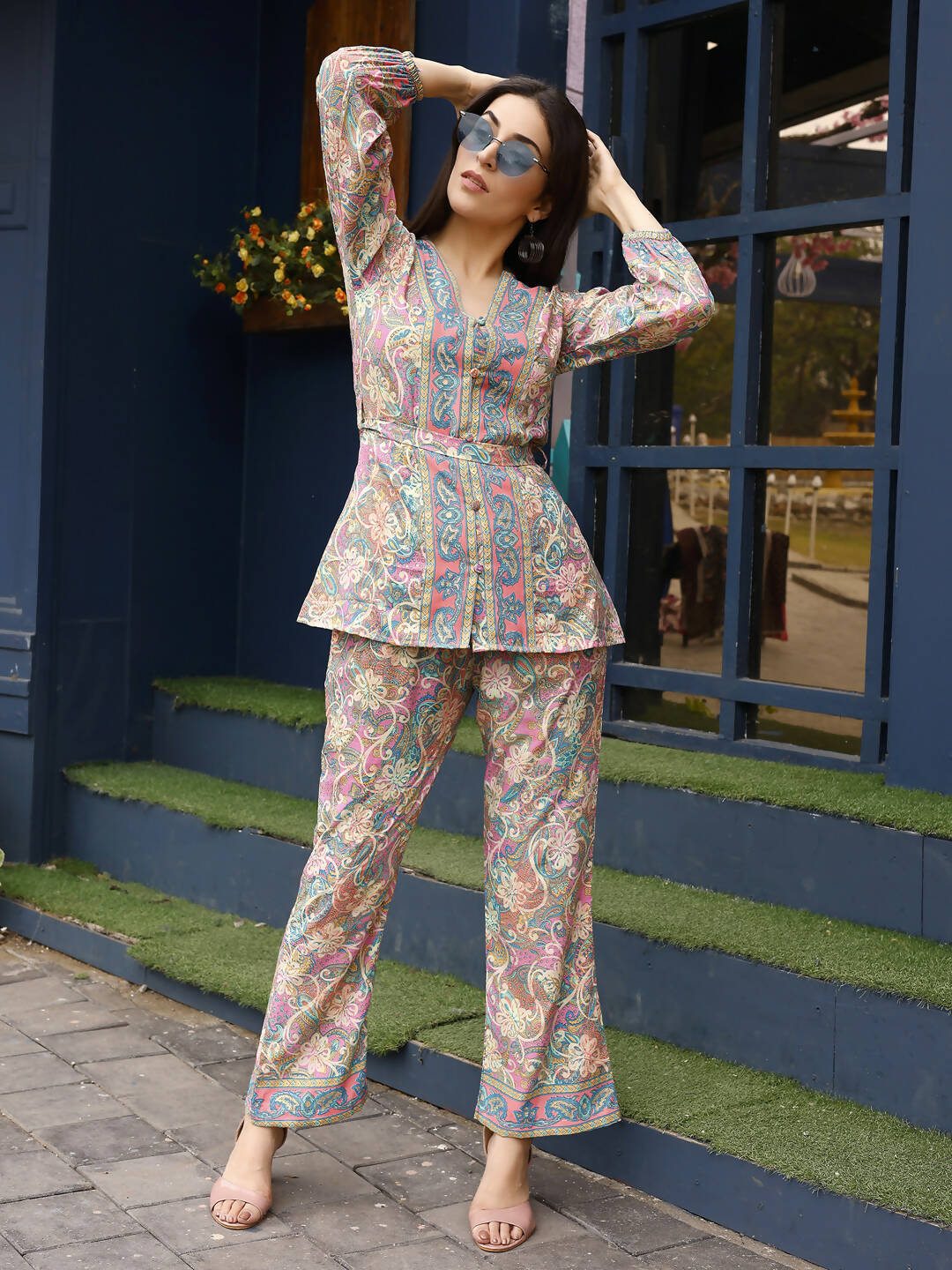 Pink Rayon Paisley & Floral Printed Top with Matching Bottom - Eesha - Swadesiicart