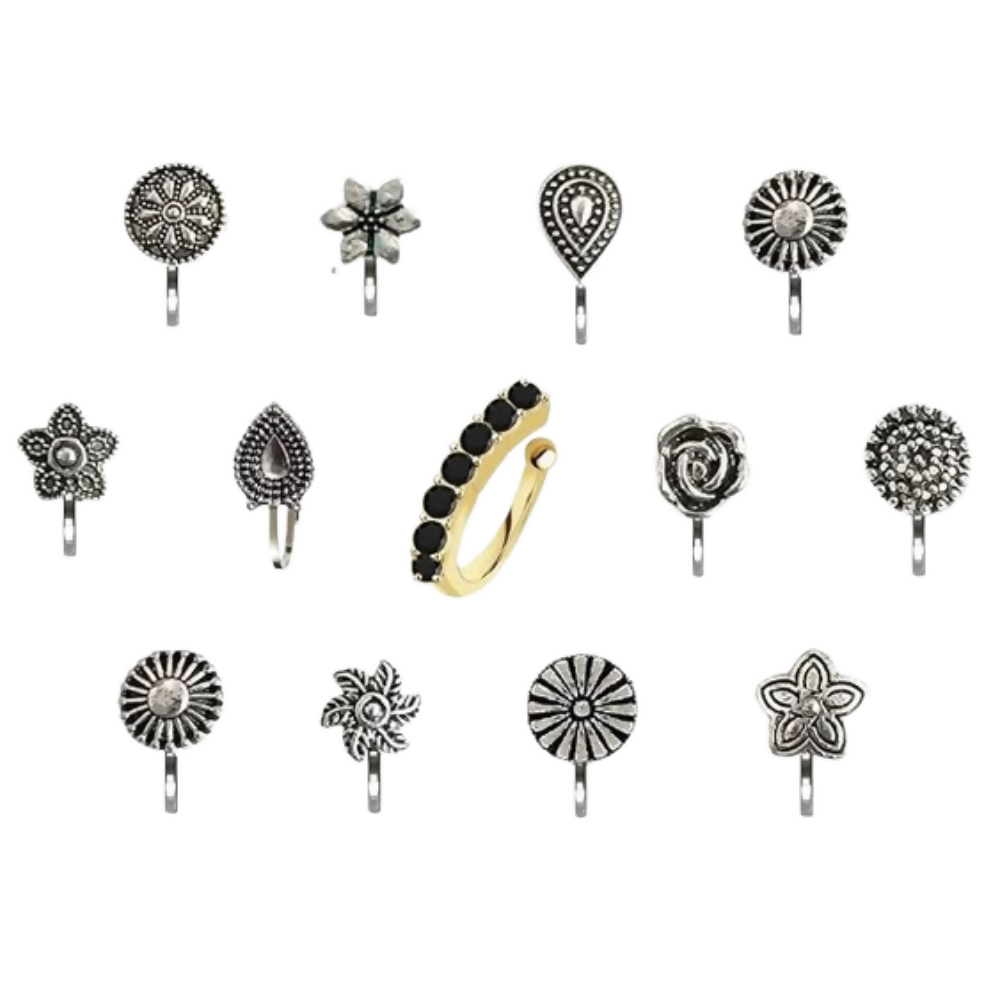 Thanu's Craft Oxidised Nose Pin Ring Studs Black Metal Germam silver Nosepin for Women - Swadesiicart