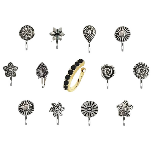 Thanu's Craft Oxidised Nose Pin Ring Studs Black Metal Germam silver Nosepin for Women - Swadesiicart