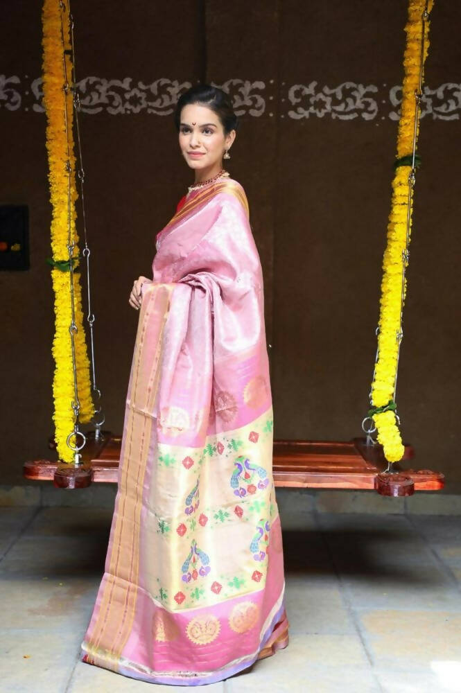 Very Much Indian Silk Handloom Maharani Paithani In Rich Pearl Pink With Silver Zari Brocade | Swadesiicart