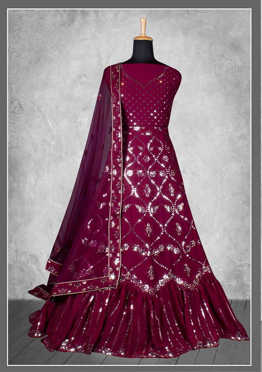 Wine Georgette Embroidery & Sequence Work Bridal lahenga Choli with Dupatta - Nimaya Pavitra Rista | Swadesiicart