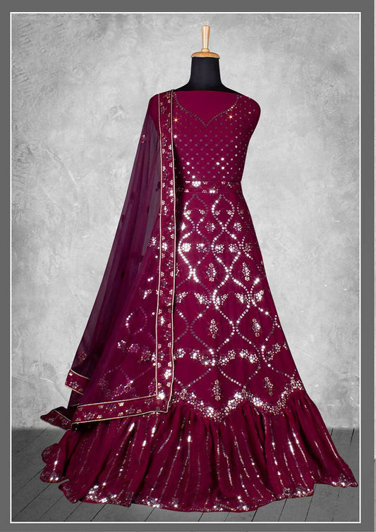 Wine Georgette Embroidery & Sequence Work Bridal lahenga Choli with Dupatta - Nimaya Pavitra Rista | Swadesiicart