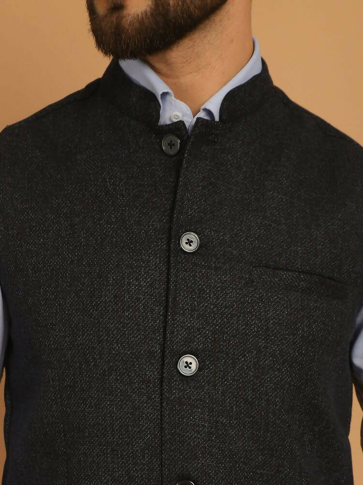 Even Apparels Pure Wool Nehru Jacket - Blue | Swadesiicart