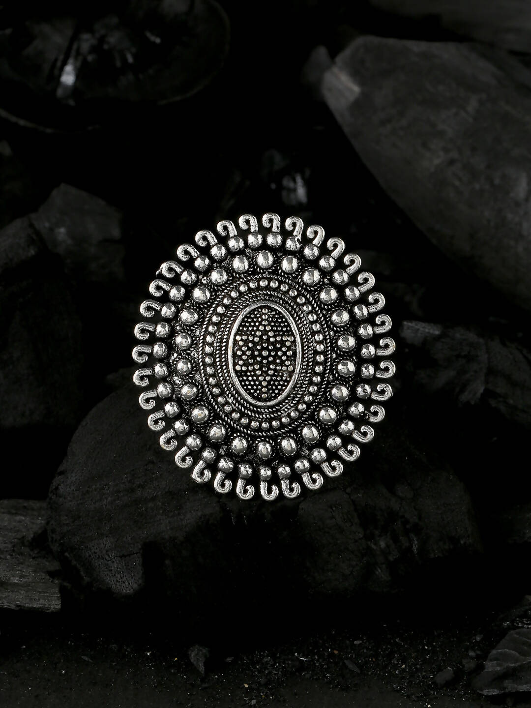 NVR Women's Oxidised Silver Plated Adjustable Finger Ring | Swadesiicart