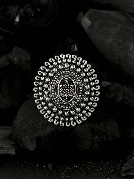 NVR Women's Oxidised Silver Plated Adjustable Finger Ring | Swadesiicart