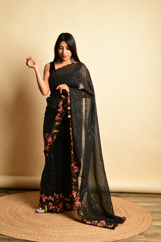Vamsee Sparkle Sparkle -Black Georgette Saree - Swadesiicart