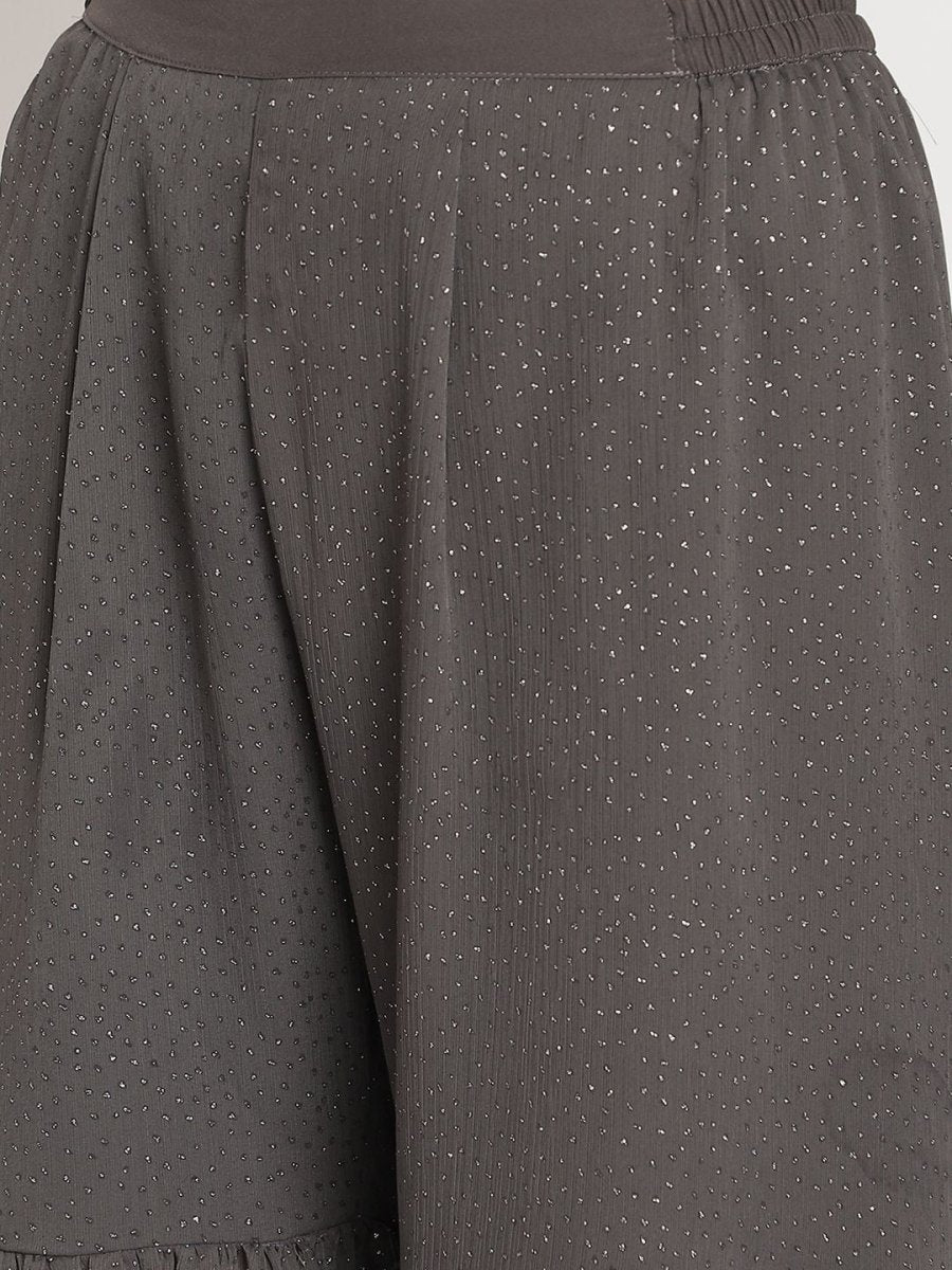 Ahalyaa Women Charcoal Grey Poly Chiffon Angrakha Kurta with Inner & Sharara | Swadesiicart