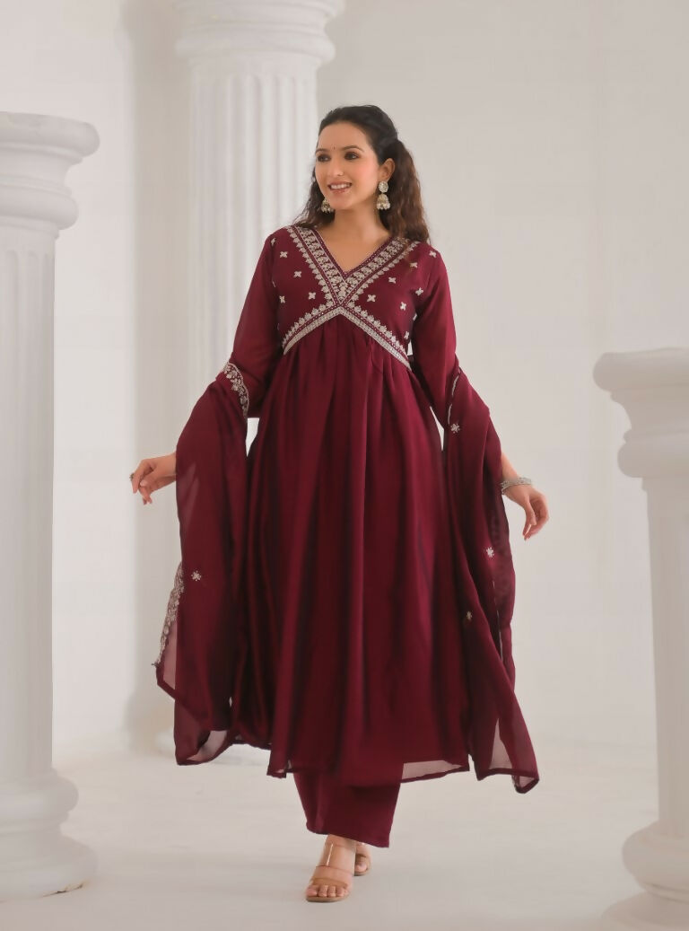 Ethnic Festive Wear Vichitra Silk Wine Stitched Suit With Dupatta - Tanisha | Swadesiicart