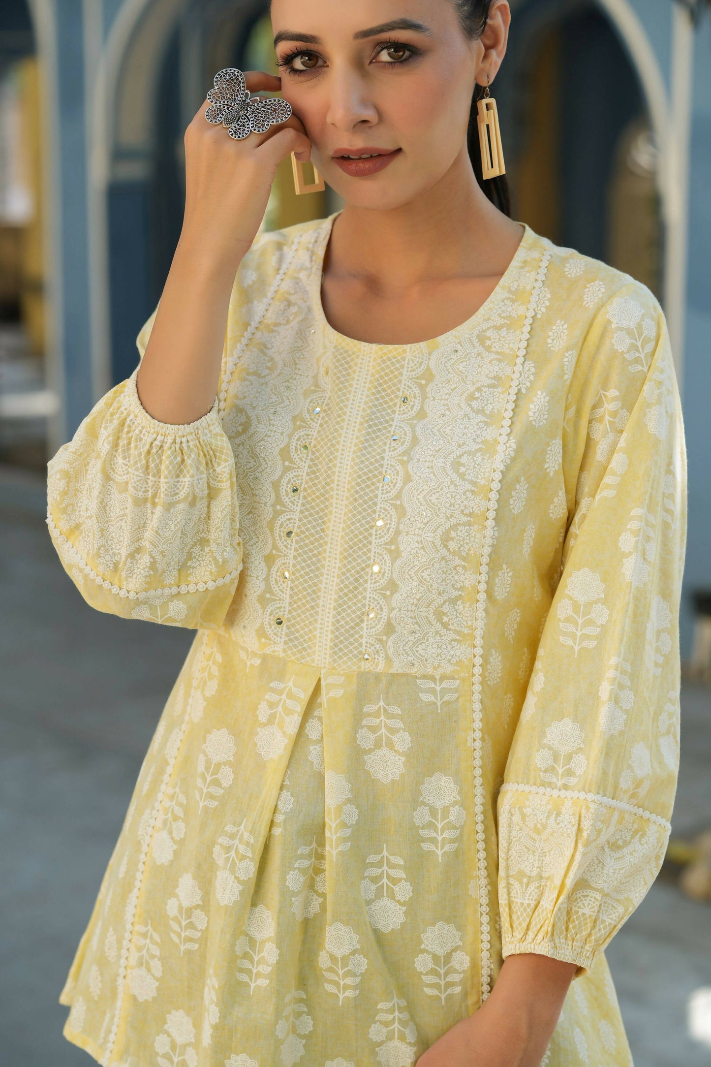 Juniper Women's Lemonyellow Printed A-Line Tunic | Swadesiicart