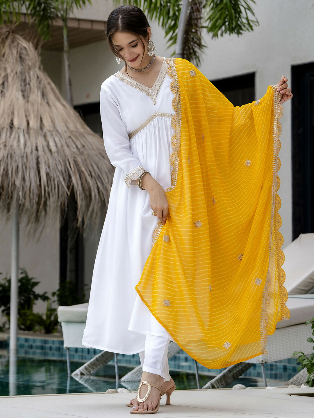 The52 White Women's Gorgeous Embroidered Chanderi Fabric Straight Kurta, Pant and Dupatta Set - Swadesiicart