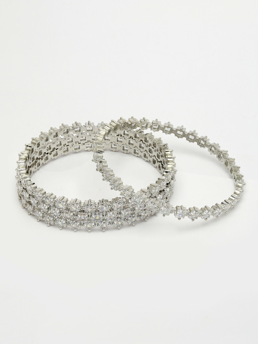 NVR Women's Set of 4 Silver-Plated CZ Stone-Studded Handcrafted Bangles - Swadesiicart