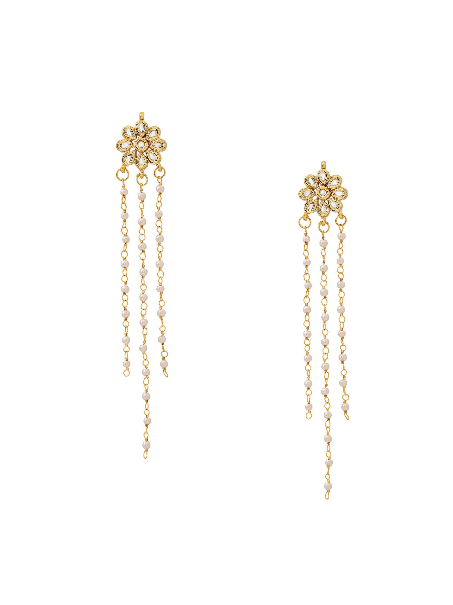 Ruby Raang Gold Long Kundan & Pearl Dangler Earrings | Swadesiicart