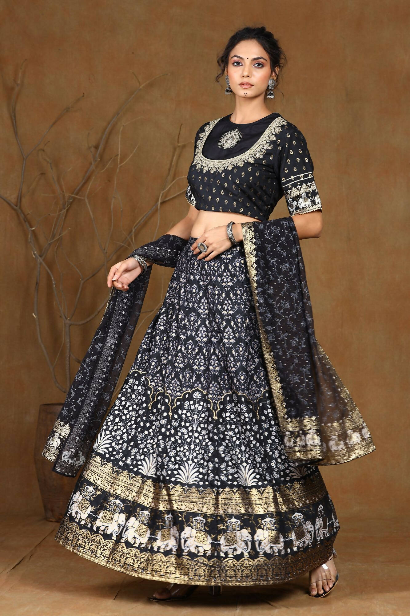 Juniper Women Black Shantoon Embroidered Flared Lehenga Choli Sets | Swadesiicart