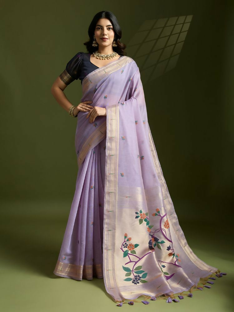 Vishnu Weaves Women's Lavender Muga Cotton Thread Woven Butti with Blouse - Swadesiicart