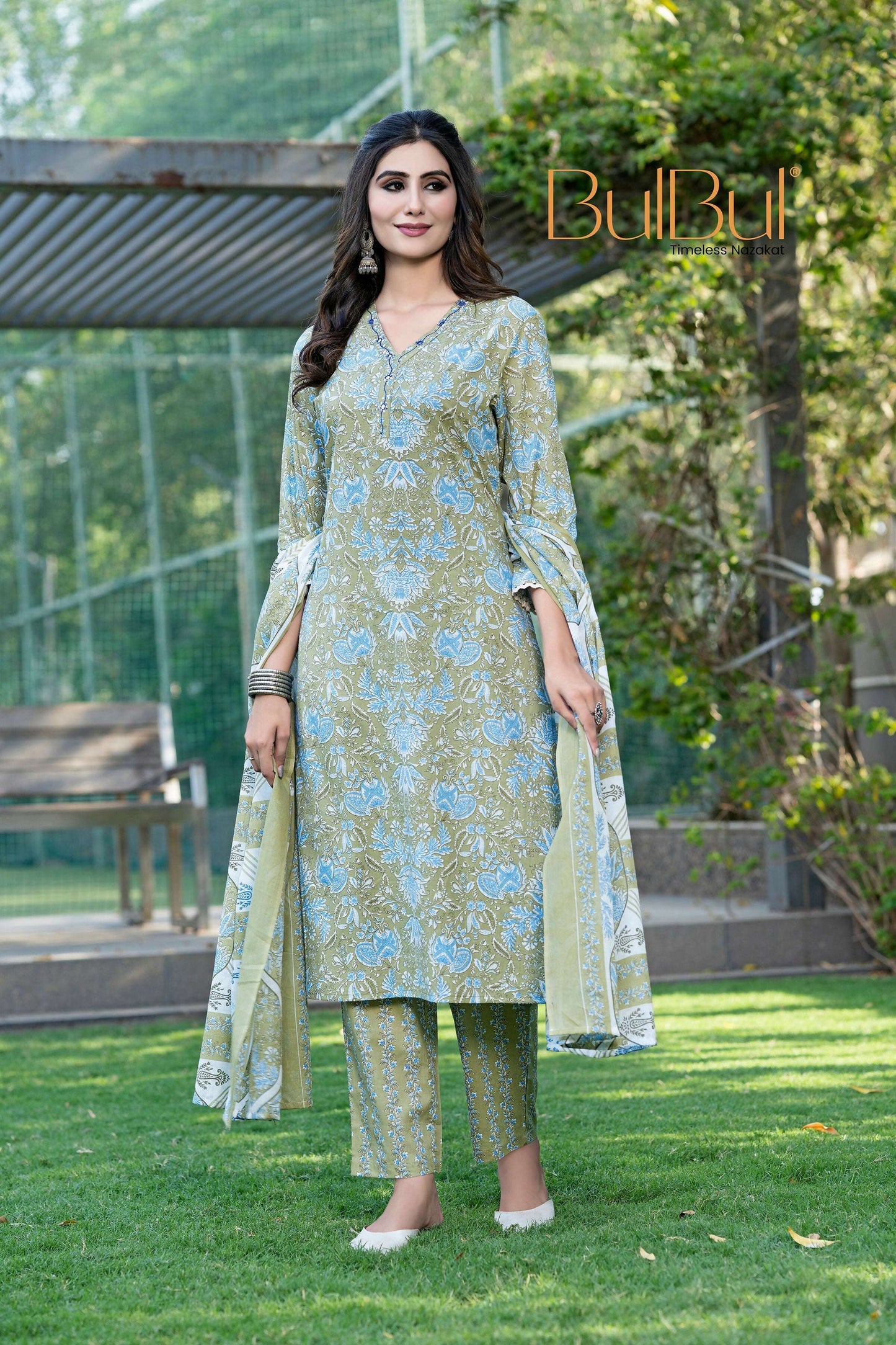 BulBul Fashionista Green Cotton Kurta Set with Dupatta - Swadesiicart