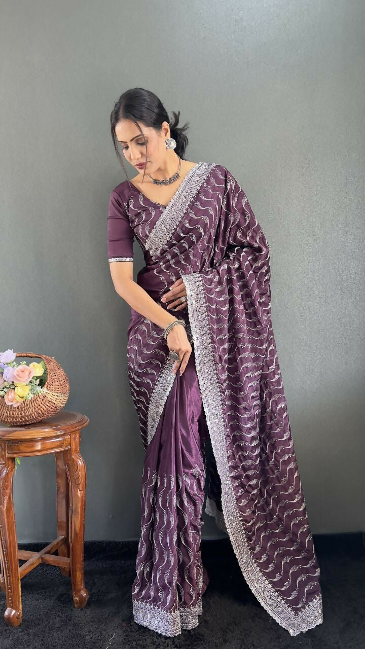 Vastranavya Purple Chinnon Silk Embroidery Multi Sequence & Arco Cut Work Ready to Wear Saree | Swadesiicart