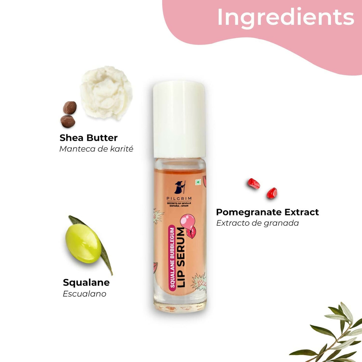 Pilgrim Spanish Lip Serum (Bubblegum) with Roll-on For Visibly Plump Lips, Hydrating Lip Serum For Dark Lips - Swadesiicart