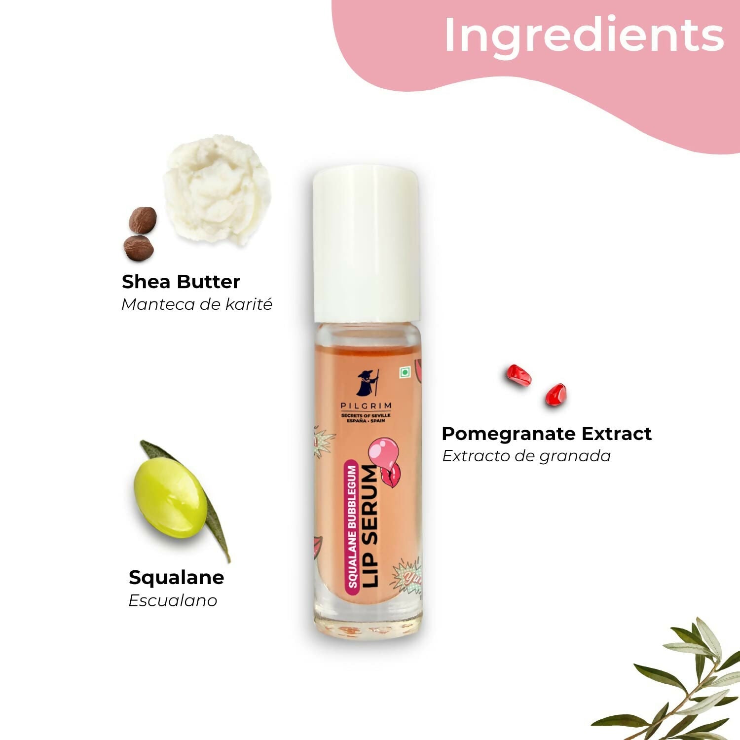 Pilgrim Spanish Lip Serum (Bubblegum) with Roll-on For Visibly Plump Lips, Hydrating Lip Serum For Dark Lips - Swadesiicart