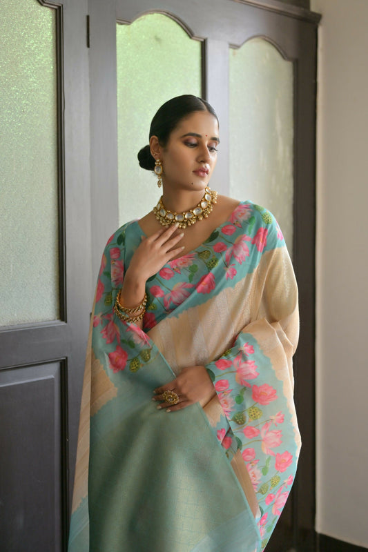 Vishnu Weaves Women's Firozi Banarasi Silk Saree with Blouse - Swadesiicart