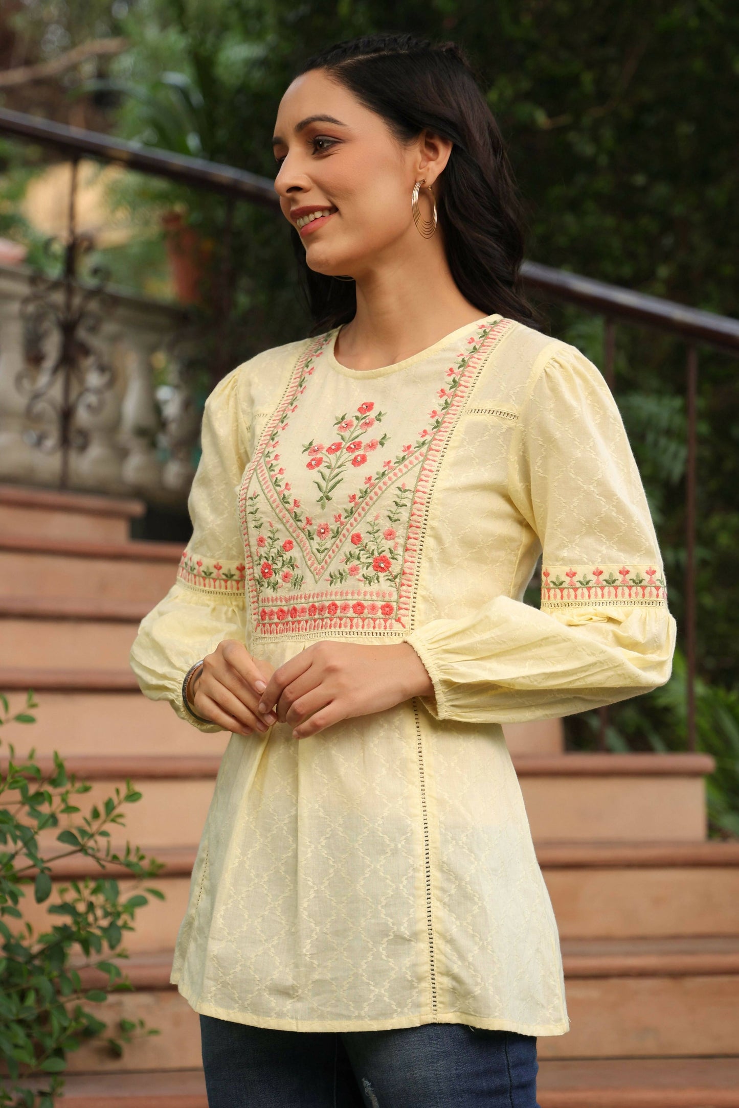 Juniper Women's Lemon Cotton Dobby Solid Embroidered Straight Tunic | Swadesiicart