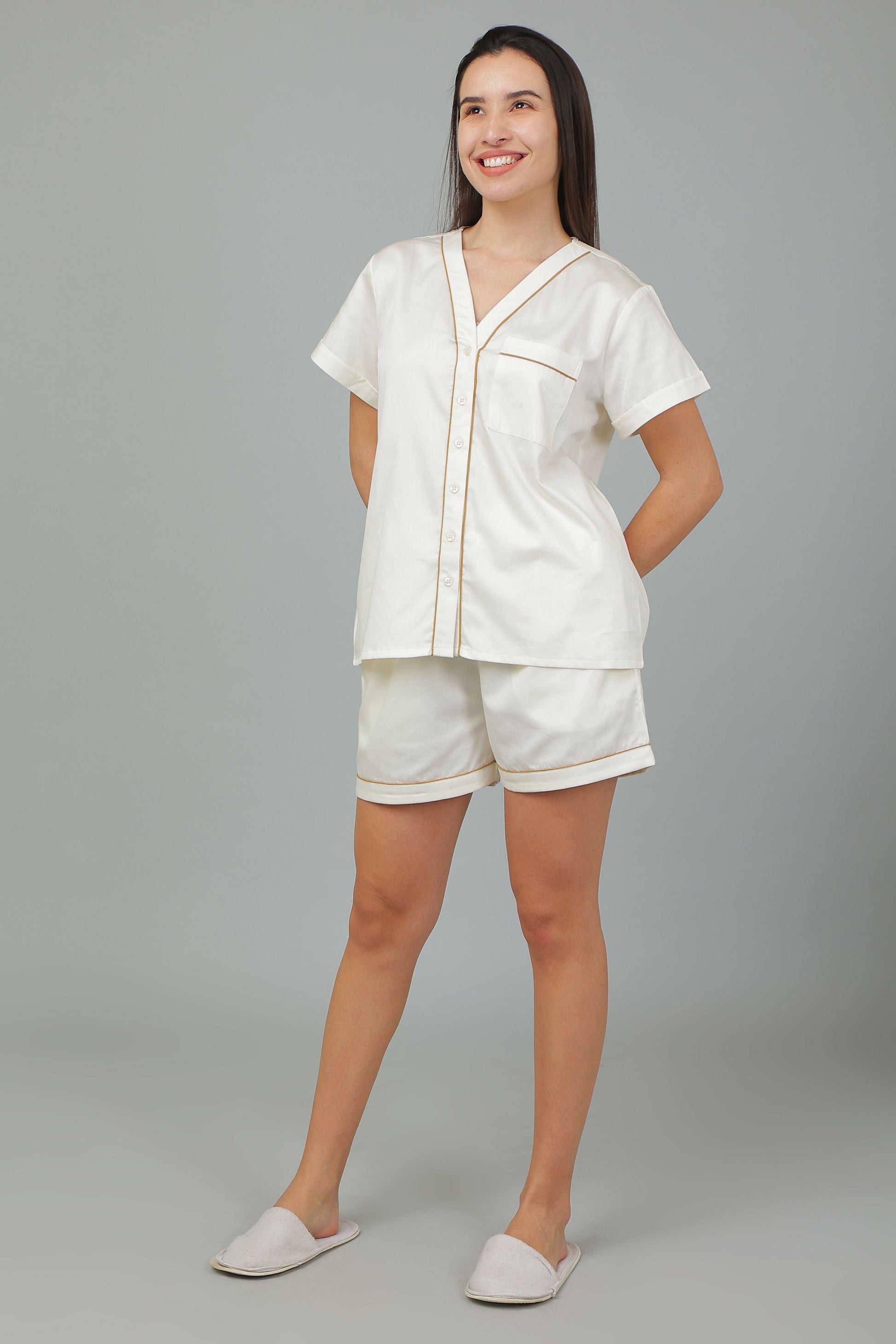 Breathables Women Cotton Night Suit Shirt And Shorts Co-Ord Set I Nightwear | Loungewear Set In Solid Colours