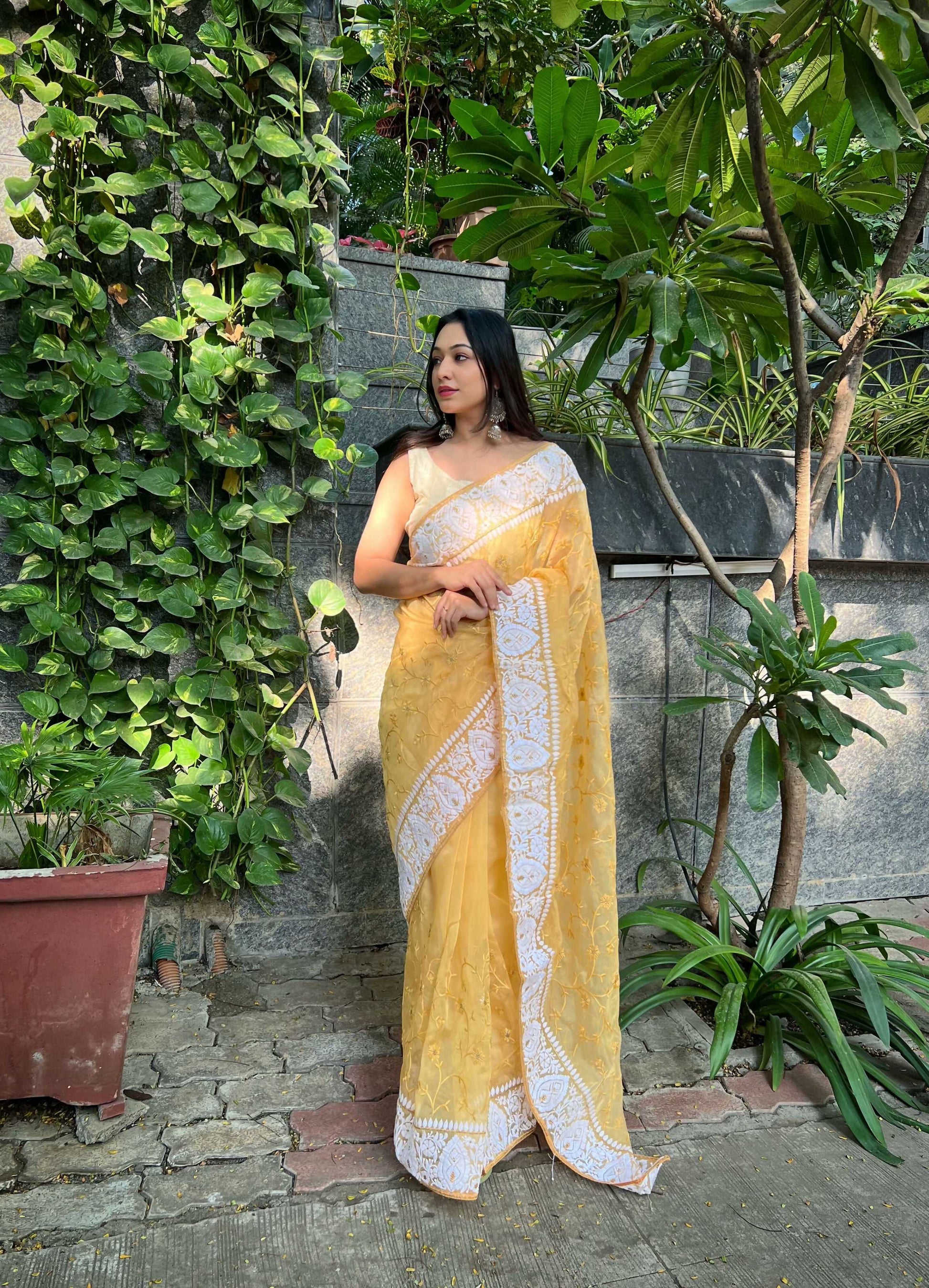 Vamsee Palak Saavi Yellow Organza Saree - Swadesiicart
