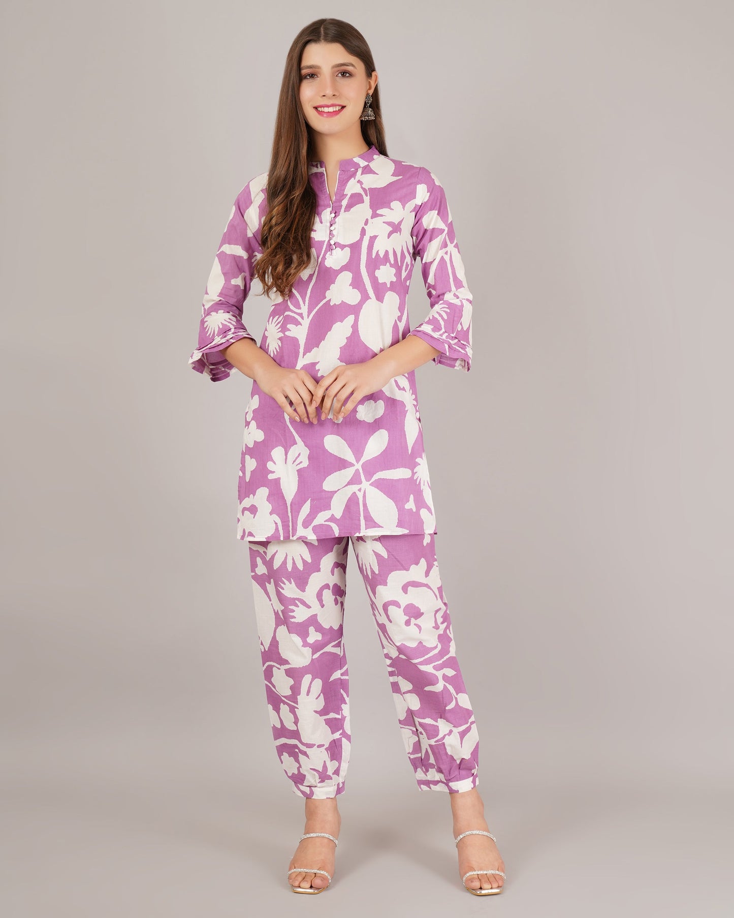 Jaitra Apparels White And Purple Printed Premium Pure Cotton Co-Ord Set For Women - Swadesiicart